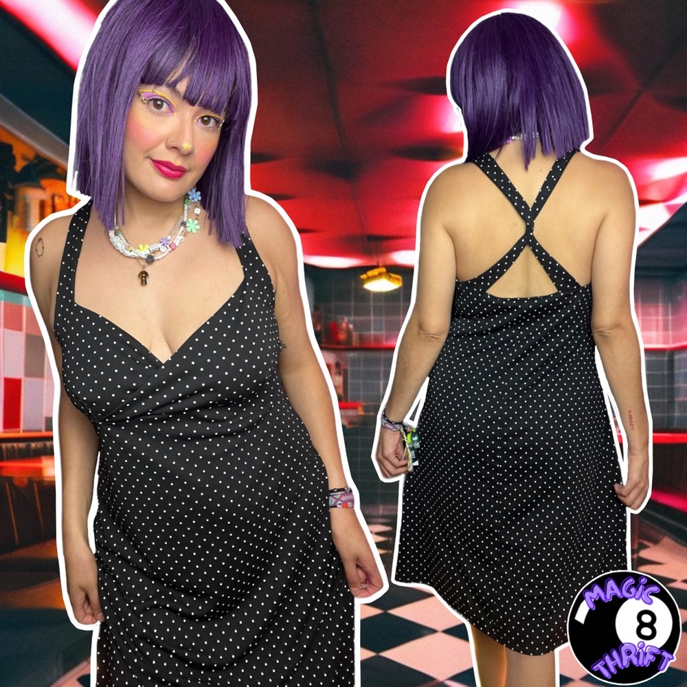 “Parallel” plugging surplice black with white polka dot print dress,L